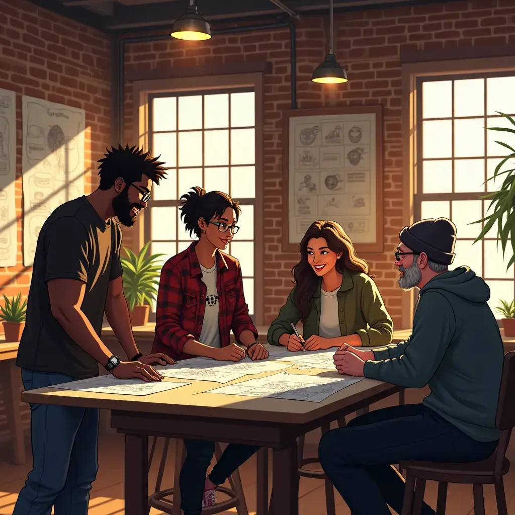 An image of a game developer discussing the creative process behind the Story Logic Engine with the team.