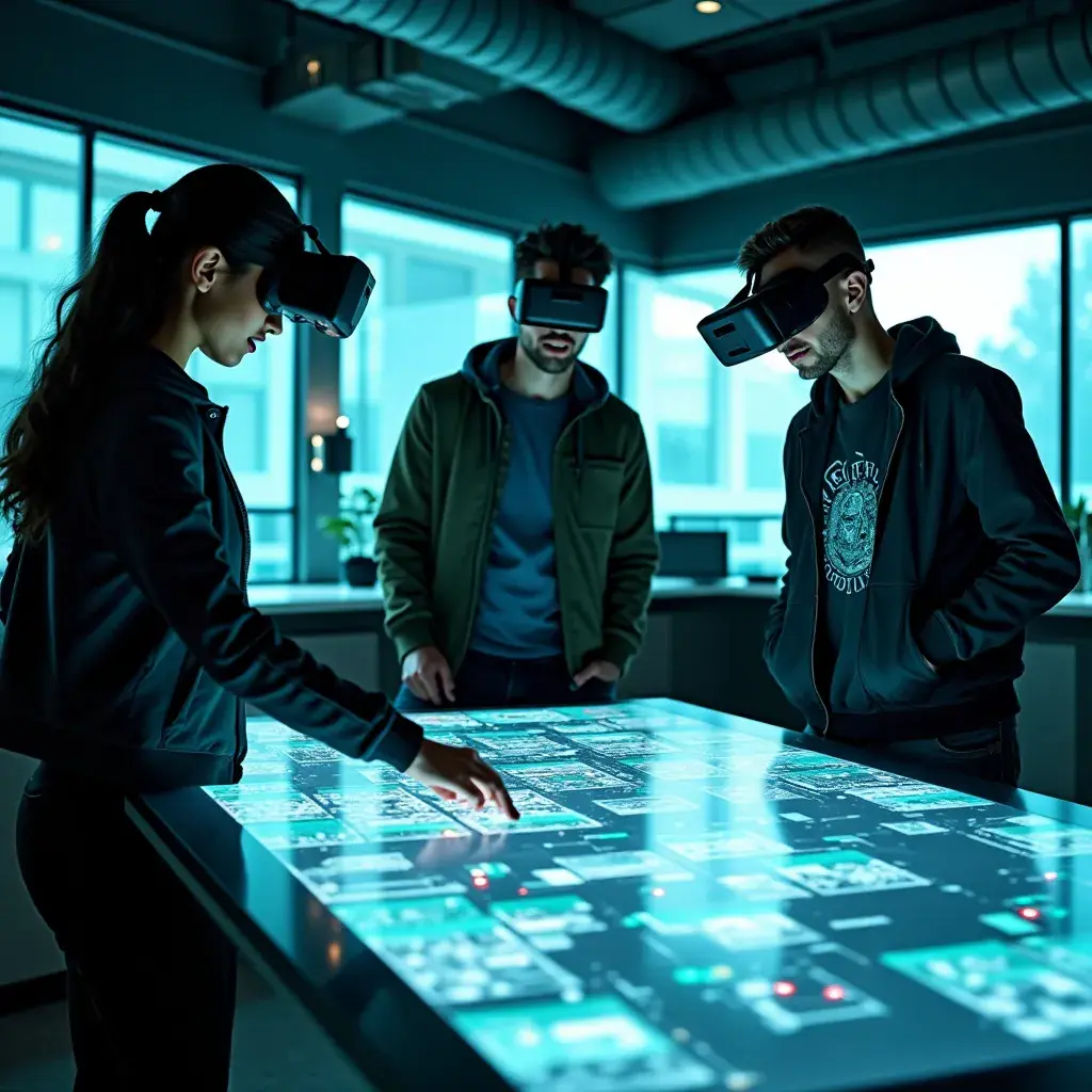 A behind-the-scenes photograph of the indie studio’s workspace, showcasing the team brainstorming ideas.